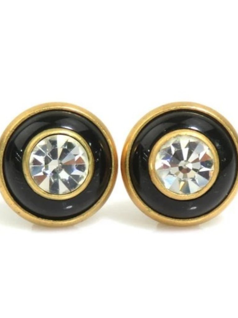 Auth Chanel Vintage Earrings Gold/Black Metal/Rhinestone - H32239a